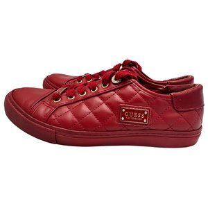 Red Quilted Guess Sneakers with Gold Embellishments, Size 7